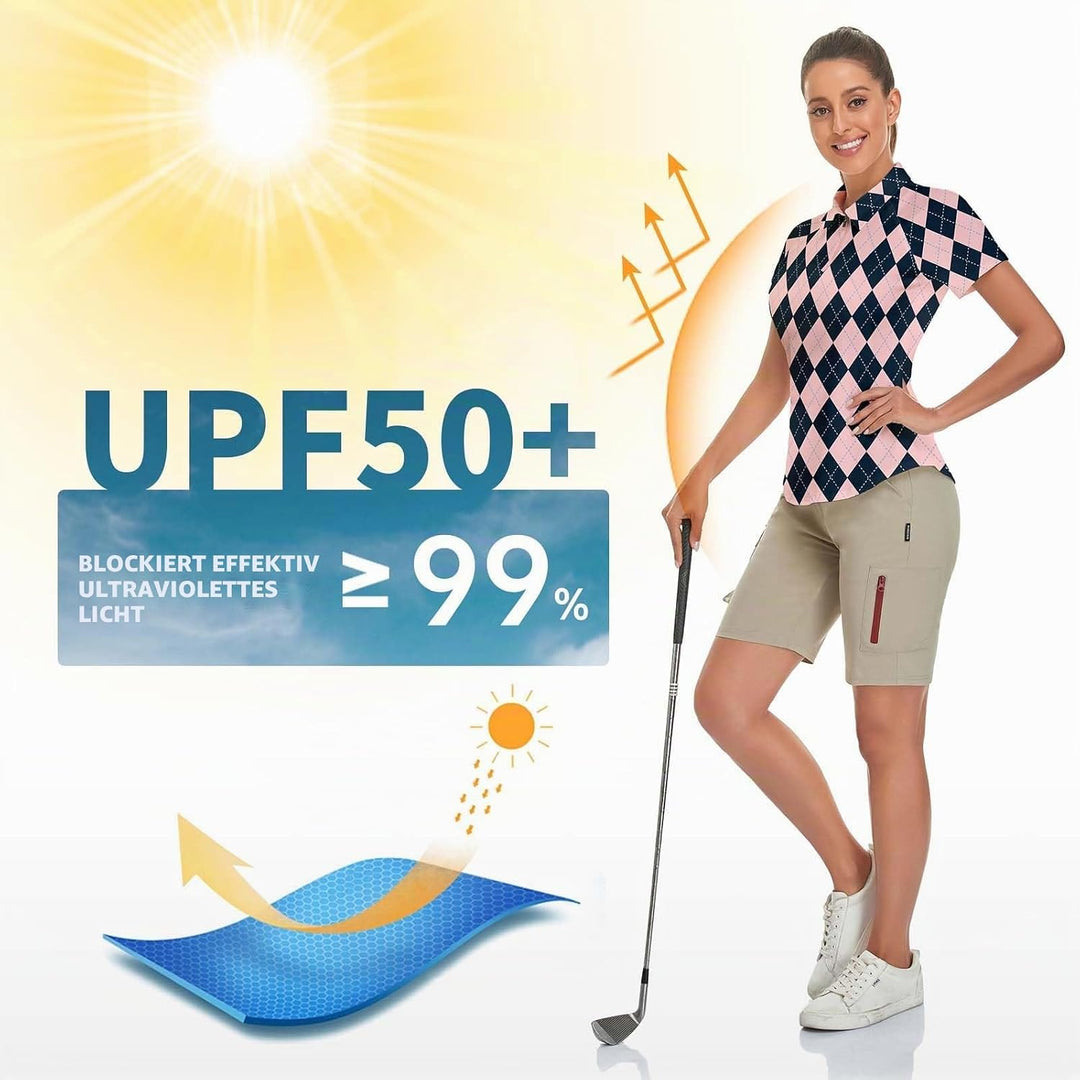 Soneven Atmungsaktiv Poloshirt Damen Leichtes Sportshirt Tailliert Karierte Bluse UPF 50+ Kurzarm 1/