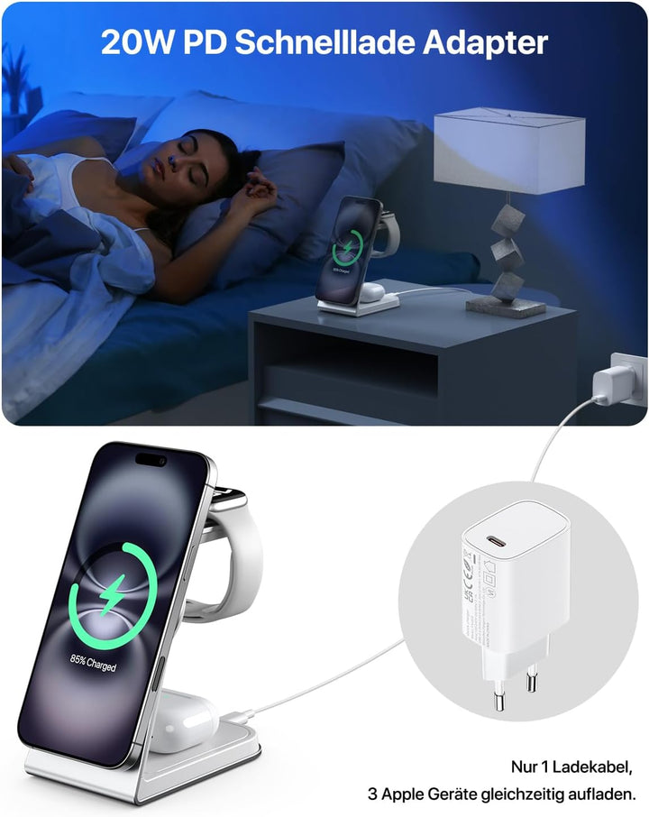 Mag-Safe Ladestation 3 IN 1, Ladegerät kompatibel mit App1e Watch und iPh0ne, Induktive Ladestation