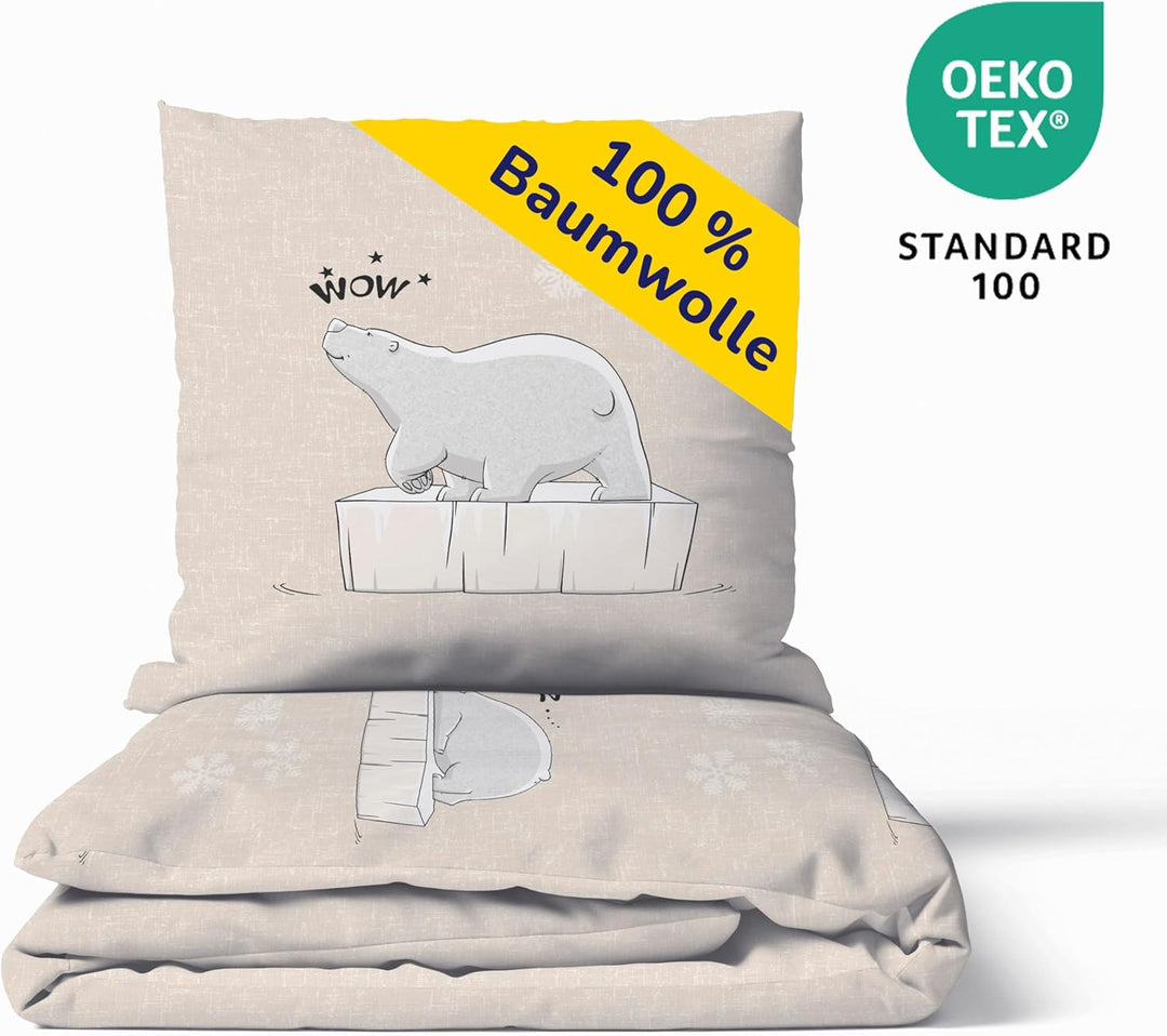 Träumschön Biber Bettwäsche 135x200 Baumwolle Kinder Tiermotiv - Coole Eisbär Bettwäsche Beige - 100