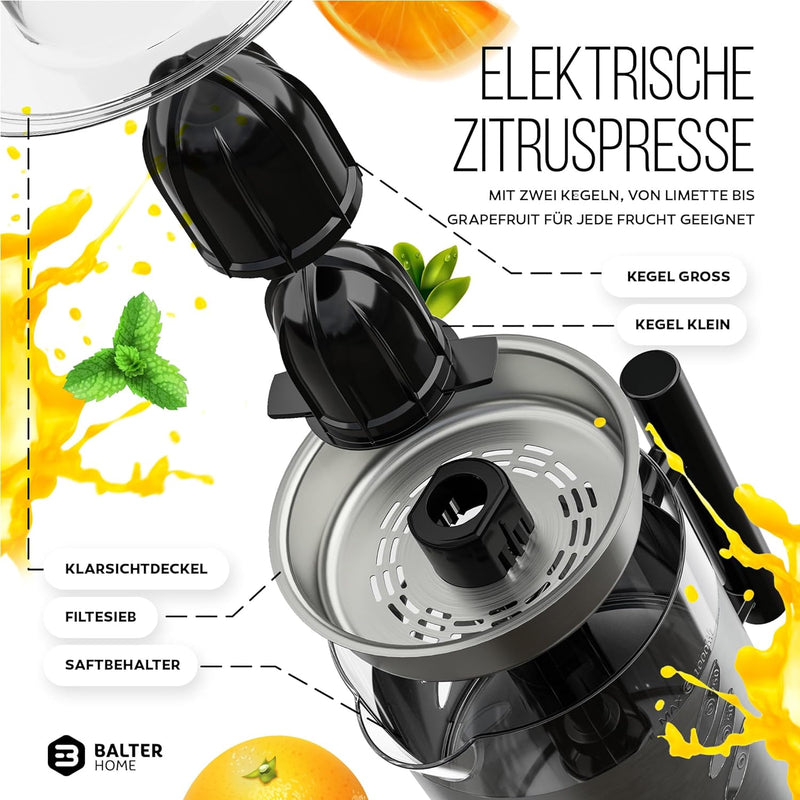 Balter ZP-03 Zitronenpresse Entsafter - 1L Tank, 120W, 2 Drehrichtungen & 2 Kegel – Zitruspresse - S