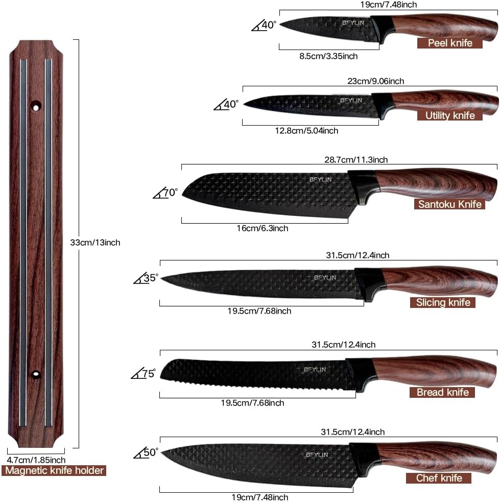 7 Stücke Messer Set Mit magnetischer Messerhalter,Küchen Messerset,Kochmesser,Santoku Messer,Gemüsem