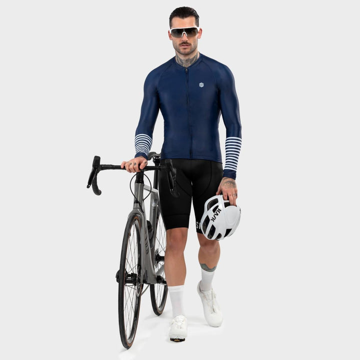 SIROKO M2 Radtrikot Herren Langarm Slim Fit Aerodynamische Fahrradbekleidung L Marineblau/Weiss, L M