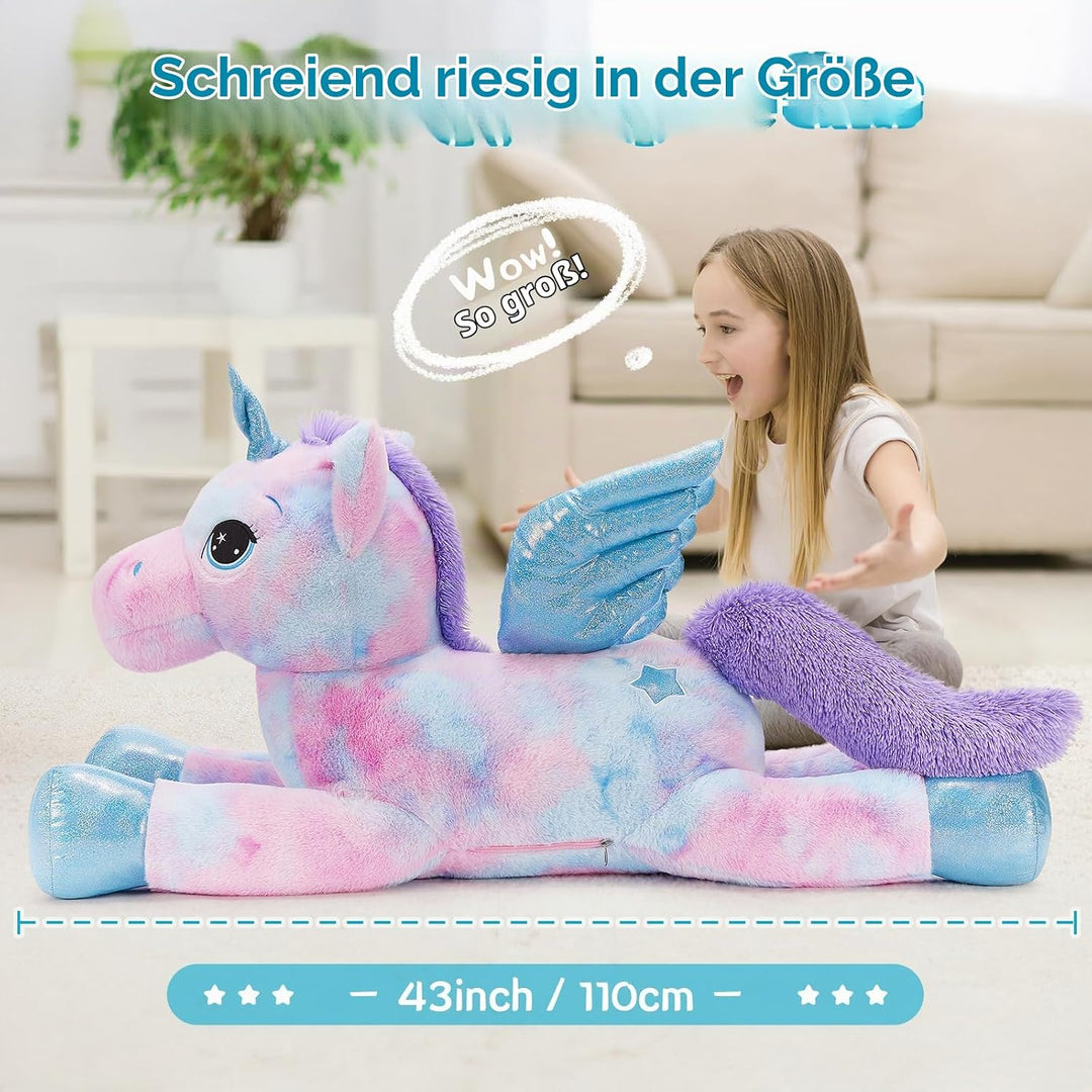 MorisMos Einhorn Kuscheltier gross XXL mit flügel, 110cm riesen Einhorn Stofftier Plüschtier, Gesche