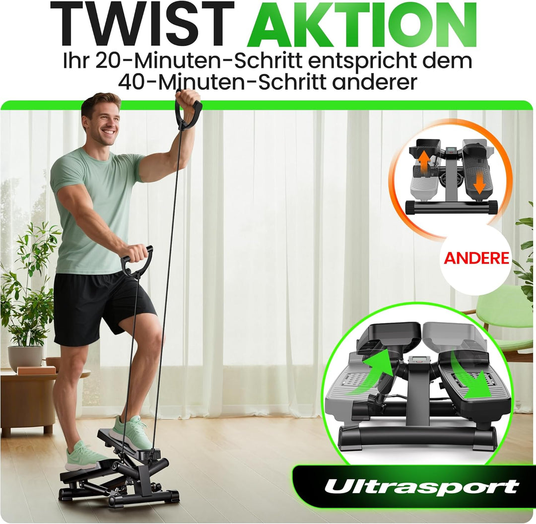 Ultrasport Stepper für Zuhause I Mini Stepper Fitness, 2 in 1 Up-Down Swing Stepper mit Power Ropes