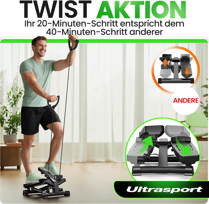 Ultrasport Stepper für Zuhause I Mini Stepper Fitness, 2 in 1 Up-Down Swing Stepper mit Power Ropes