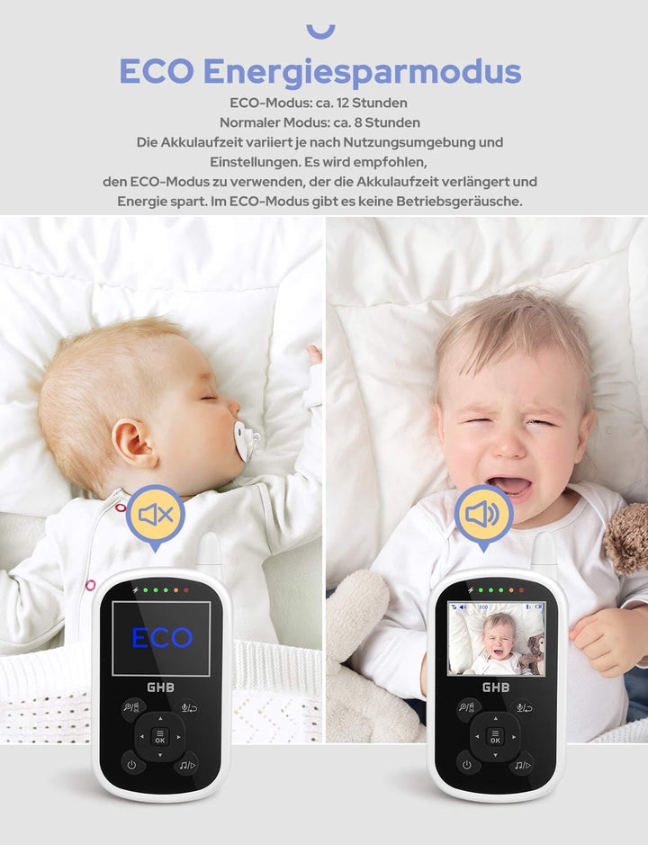 GHB Babyphone mit Kamera Video Baby Monitor 2,4 GHz Gegensprechfunktion ECO Modus Lange Akkulaufzeit