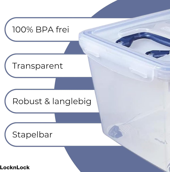 LocknLock PP CLASSIC Aufbewahrungsbox mit Deckel und Griffen | 21 L, 456 x 300 x 225 mm | 100 % Luft