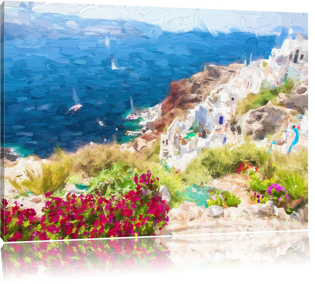 Pixxprint Griechische Küste als Leinwandbild/Grösse: 100x70 cm/Wandbild/Kunstdruck/fertig bespannt,