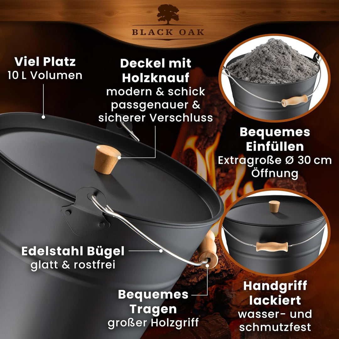 BLACK OAK Ascheeimer Fuego 10L - schwarz mit Deckel mit Holz-Griff &amp; Handschuhen - 10L gross Stahl f