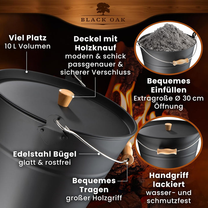 BLACK OAK Ascheeimer Fuego 10L - schwarz mit Deckel mit Holz-Griff &amp; Handschuhen - 10L gross Stahl f
