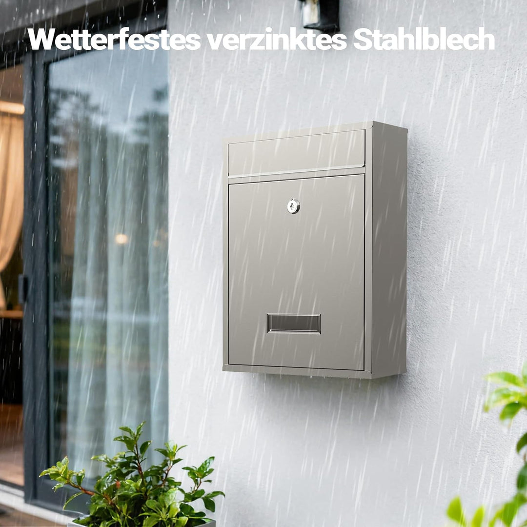 Wiltec Briefkasten V10 Edelstahl 260 x 90 x 350 mm, Wandbriefkasten mit Schloss und Namensschild, Po
