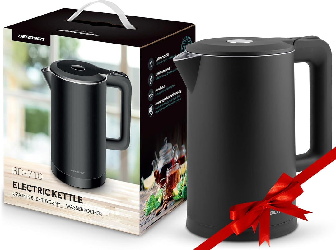 Berdsen Wasserkocher Edelstahl Mit Kalkfilter 1,7 L Fassungsvermögen 2200 Watt LED Beleuchtung Doppe