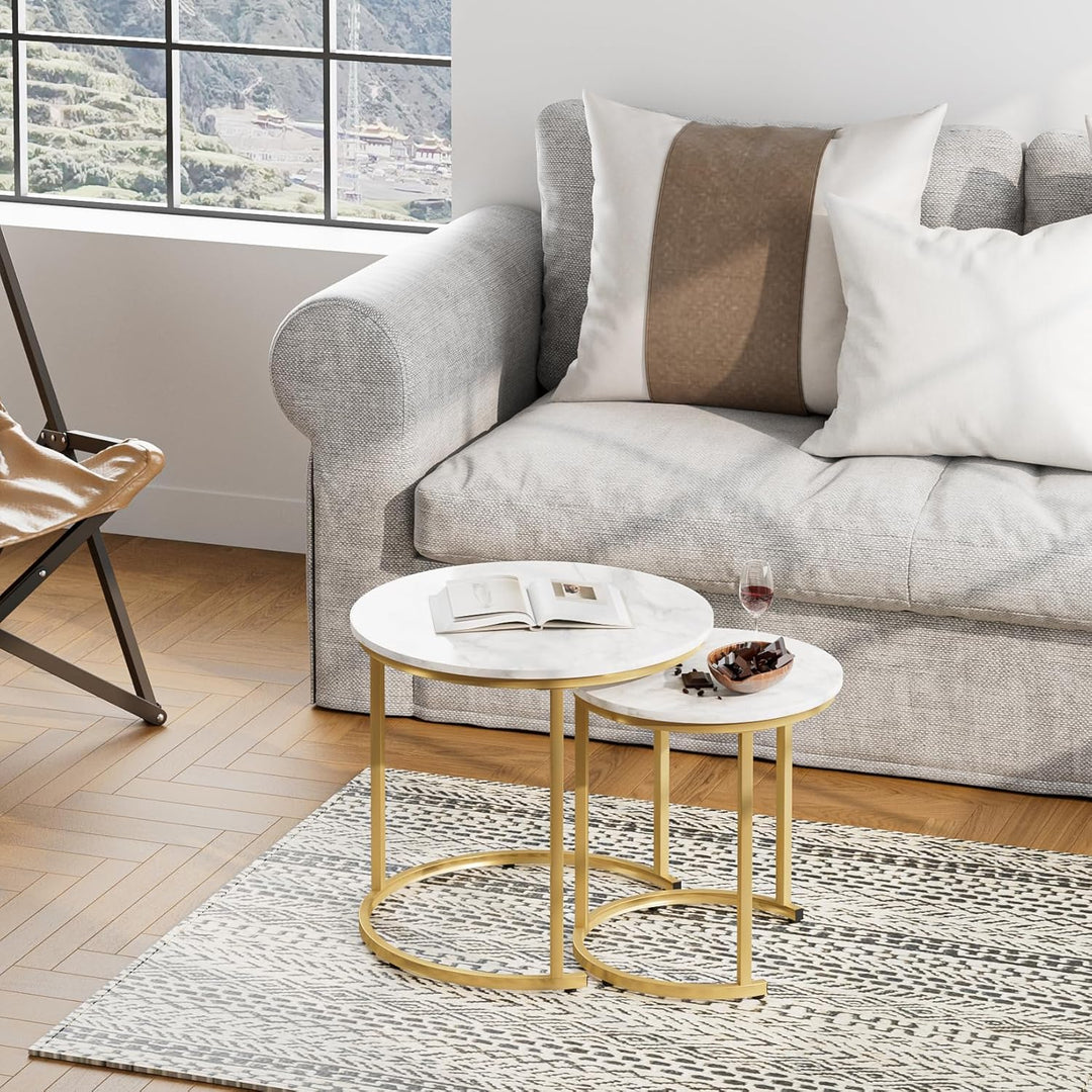 HEYZOEY Couchtisch Rund 2er Set, Wohnzimmertisch, Beistelltische Gold Metall, Kaffeetisch für Sofati