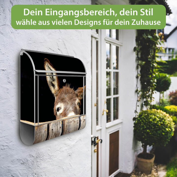 banjado® Design Briefkasten mit Motiv Esel 39x47x14cm &amp; 2 Schlüssel - Briefkasten Stahl Silber mit Z