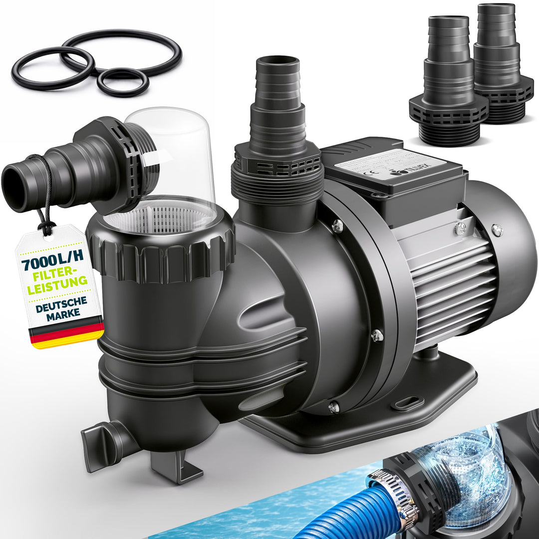 tillvex® Filterpumpe Pool 7.000L/h & 250W | Schwimmbadpumpe Förderhöhe max. 7,5m | Poolfilter Umwälz