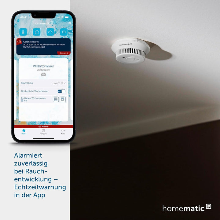Homematic IP Smart Home Rauchwarnmelder mit Q-Label, Rauchmelder alarmiert lokal über die Sirene und