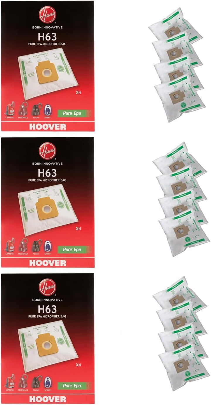 Hoover H63 Staubsaugerbeutel, Original, Mikrofaser, 3 Packungen à 4 Stück, Pure EPA, geruchshemmende