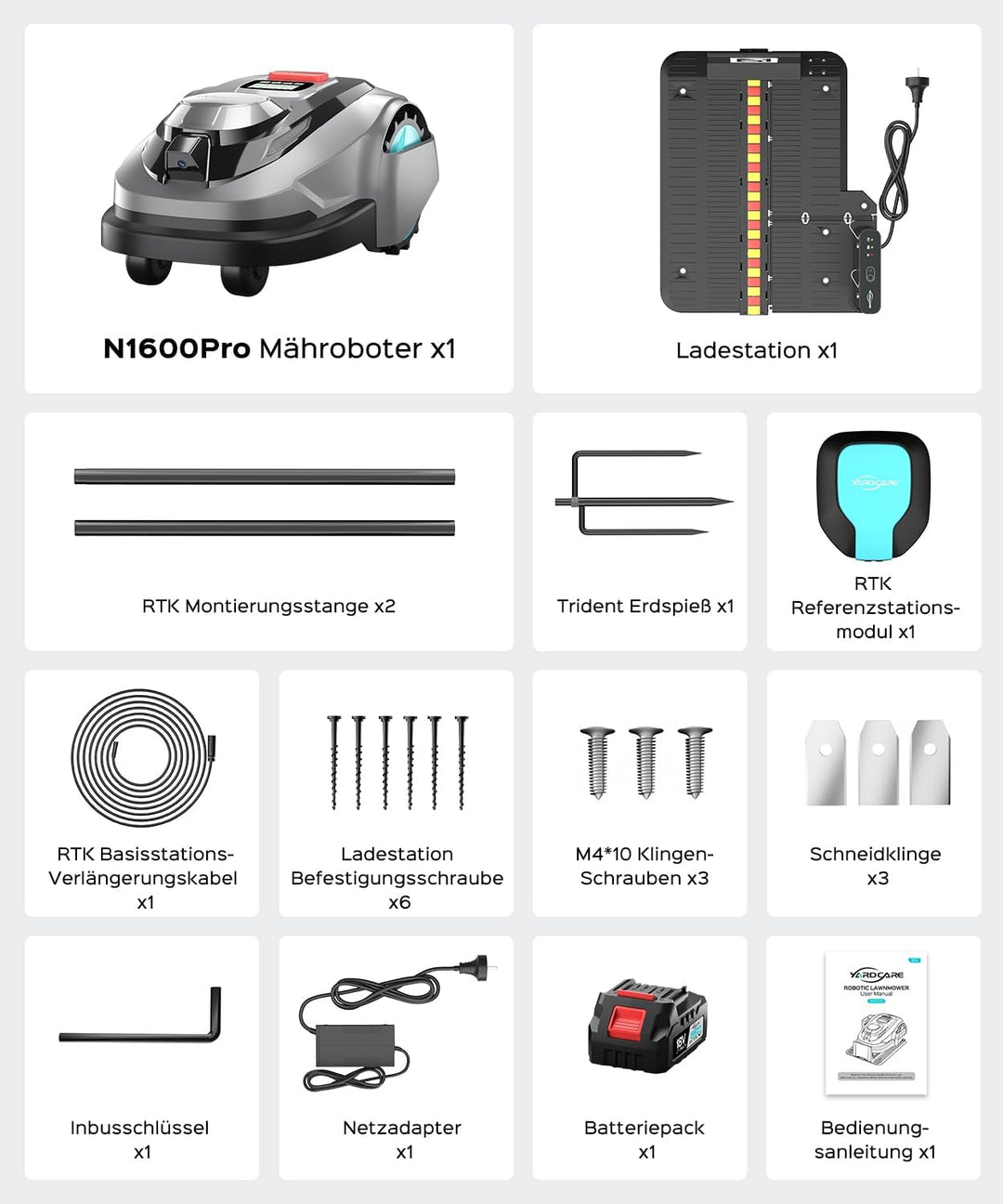 N1600PRO Mähroboter ohne Begrenzungskabel,Max.1600 m²,RTK+Vision Rasenmäher Roboter,Multizonen-Manag