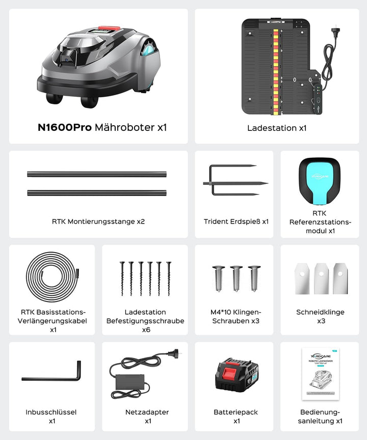 N1600PRO Mähroboter ohne Begrenzungskabel,RTK+KI Vision Rasenmäher Roboter,Max.1600 m²,U-förmiges Mä