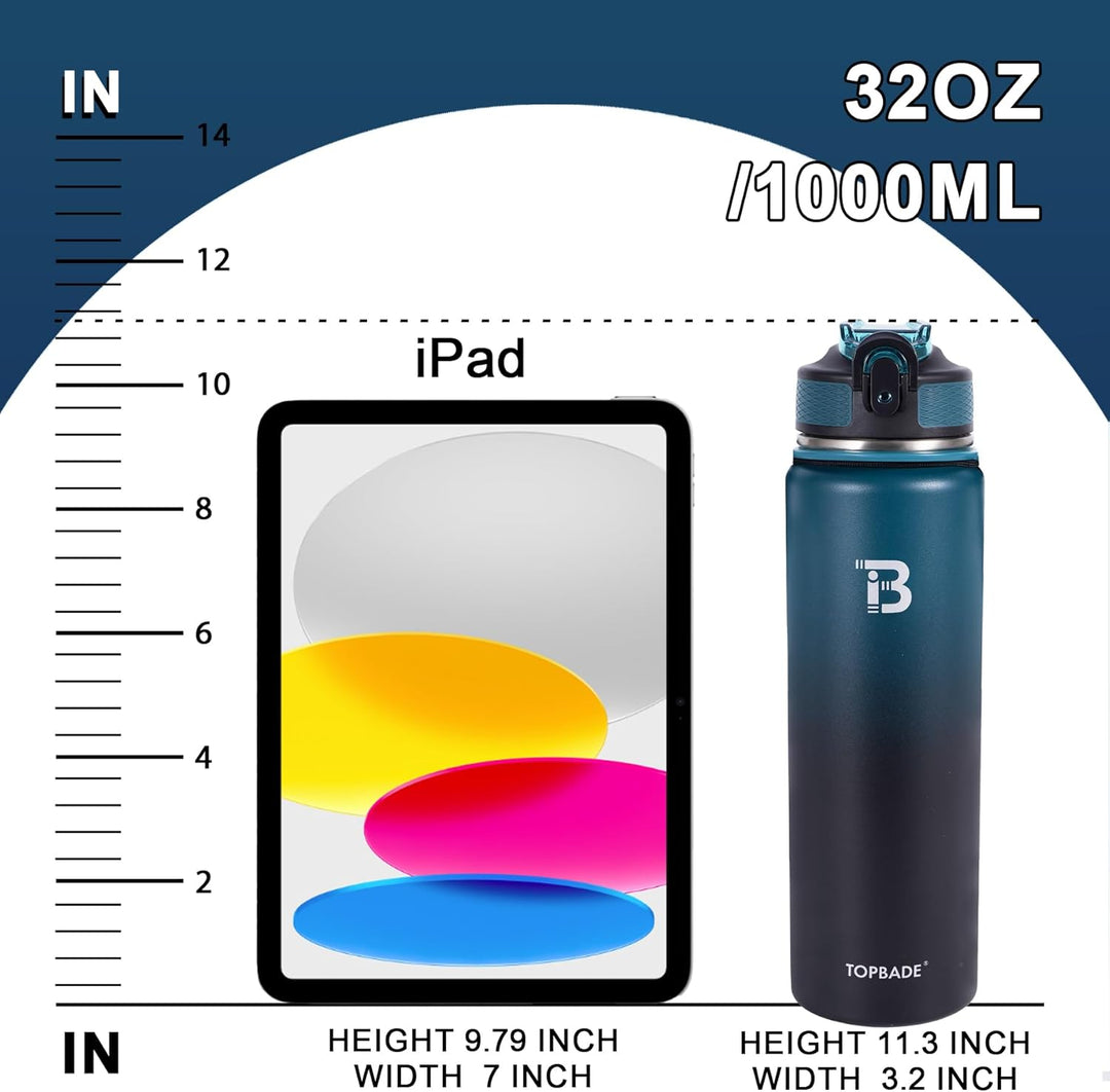 Edelstahl Trinkflasche 1000ml (+2 Deckel), Isolierte Wasserflasche mit Strohhalm, Auslaufsichere Iso