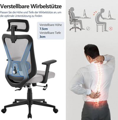 Yaheetech Bürostuhl Ergonomisch, Schreibtischstuhl mit Verstellbarer Kopfstütze, Armlehnen, Lendenwi