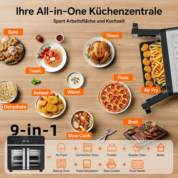 Heissluftfritteuse 23L XXL Mini Backofen mit Französischen Türen, 2600W Air Fryer Dual Zone mit Smar
