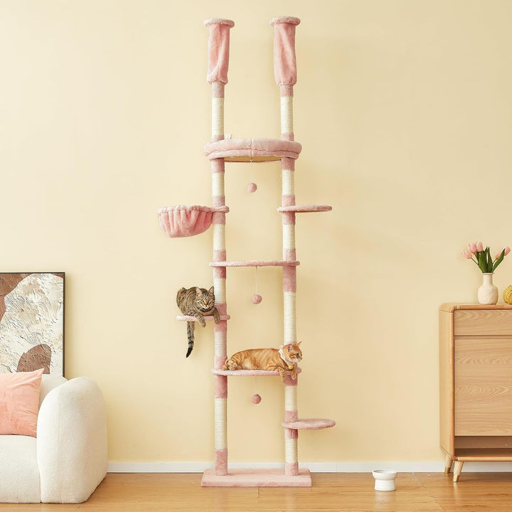 Deckenhoher Katzenbaum 234-259 cm höhenverstellbar, 2-Säulen-Design mit 12 Sisal-Pfosten, mehrstöcki