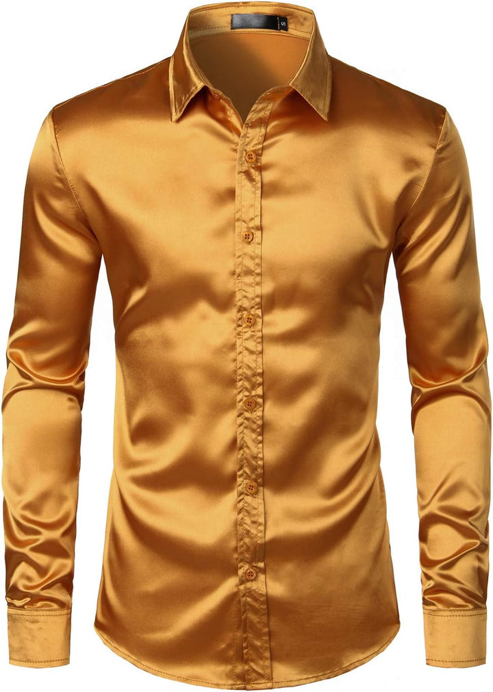 PARKLEES Herren Glänzend Slim Fit Satin Langarmhemd Frezeit Business Hemd für Party Nachtclub, S Gol