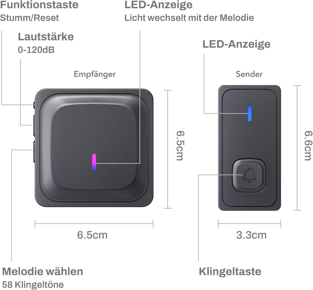 HBN Funkklingel mit 2 Empfängern, Kabellose Türklingel Funk Set, grosse Reichweite Türklingel mit Ba