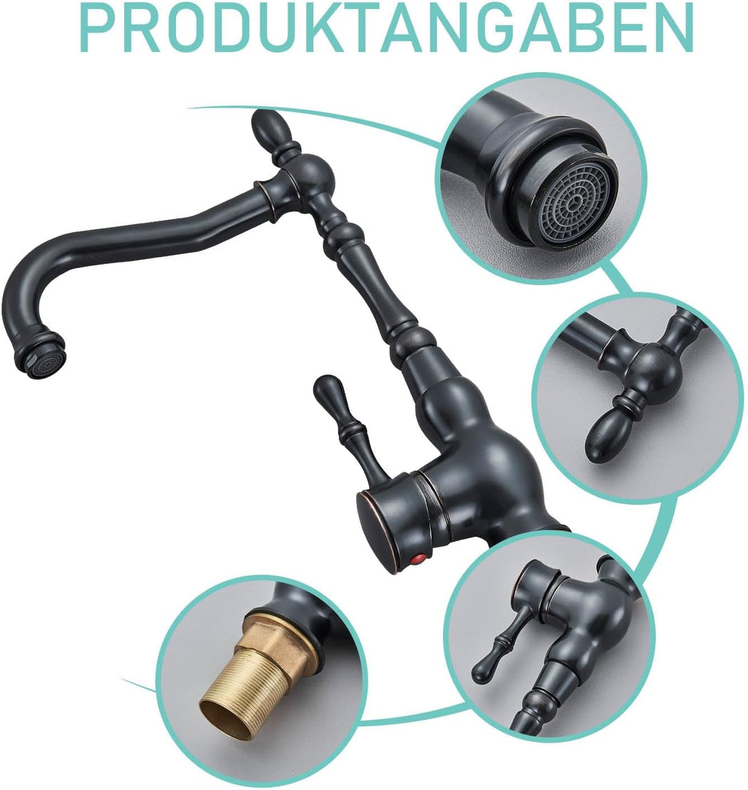Suguword Schwarz Antikes Retro Einhebelmischer Bad Wasserhahn Waschtisch Armatur mit 360 ° schwenkba