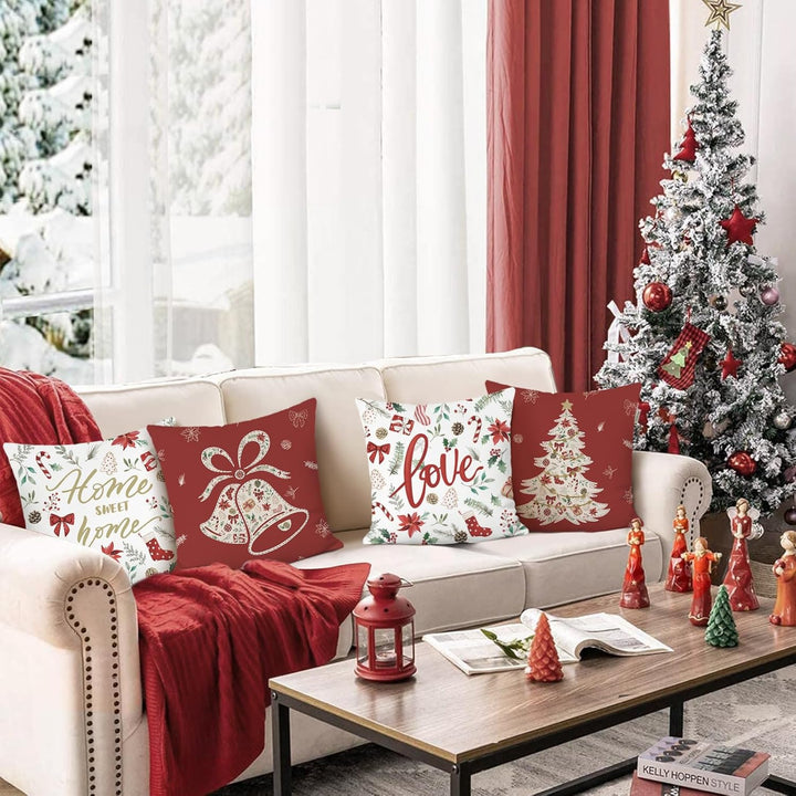Bonhause 4er Set Kissenbezüge Weihnachten Rot 45 x 45 cm Weihnachtsbaum Glocke Blätter Blumen Dekora
