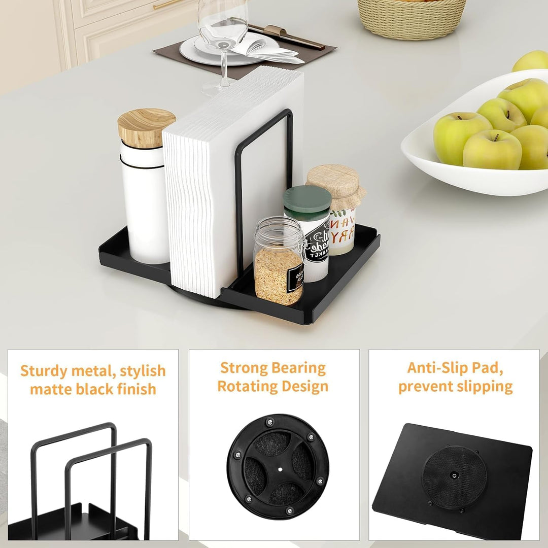 Drehbarer Serviettenhalter Schwarz, Serviettenhalter aus Metall mit Caddy für Salz- und Pfefferstreu