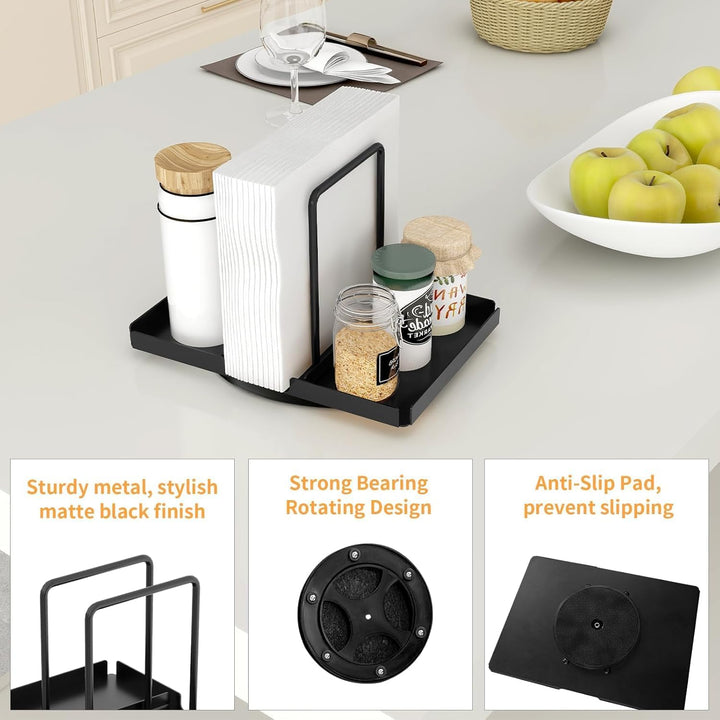 Drehbarer Serviettenhalter Schwarz, Serviettenhalter aus Metall mit Caddy für Salz- und Pfefferstreu