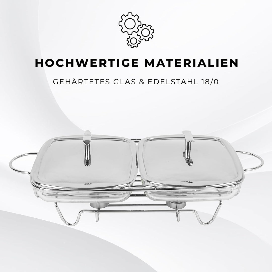 Wärmebehälter für Speisen mit Glaseinsatz - 4L - Teelicht Warmhalteplatte - Edelstahl Gestell und De