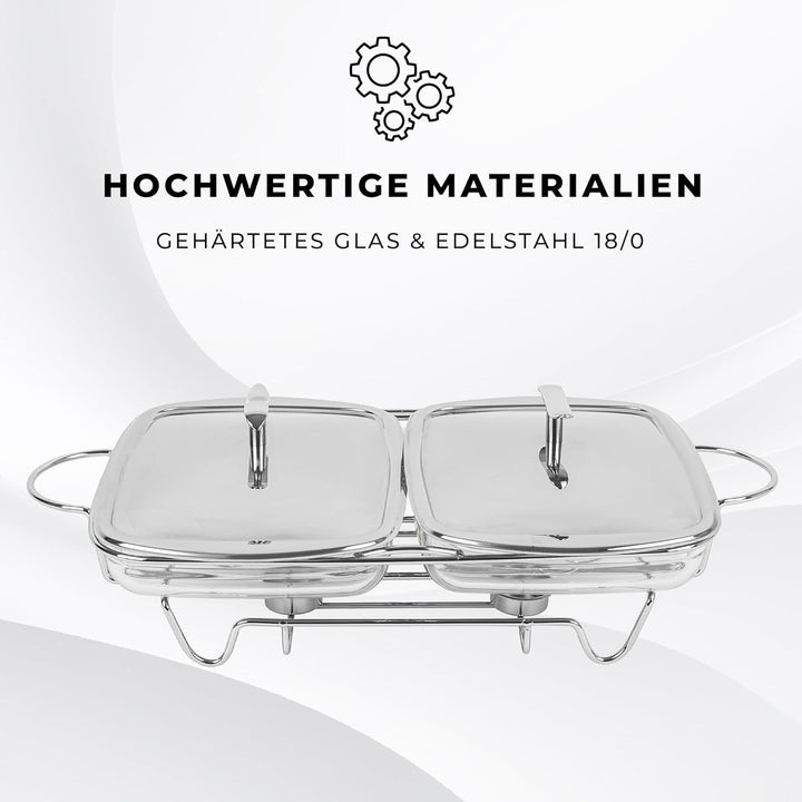 Wärmebehälter für Speisen mit Glaseinsatz - 4L - Teelicht Warmhalteplatte - Edelstahl Gestell und De