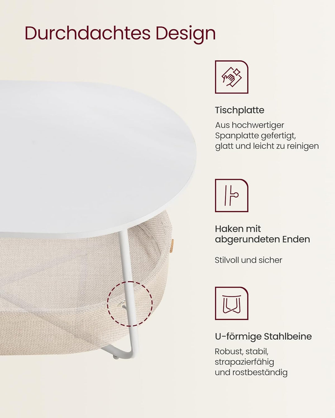 VASAGLE Couchtisch oval, Tisch mit Stauraum, Beistelltisch, Wohnzimmertisch mit Korb aus Stoff, mode