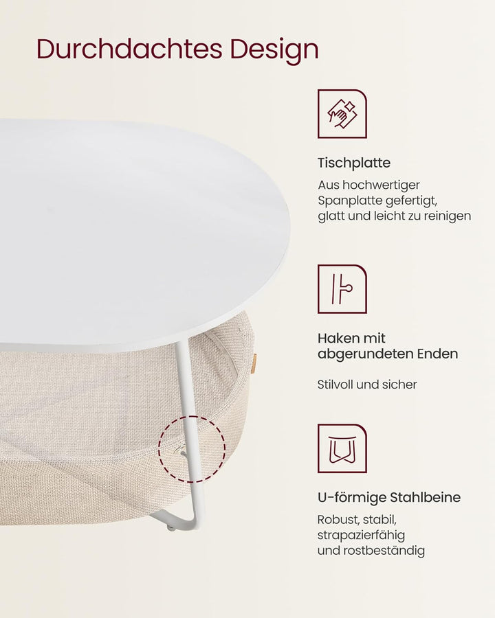 VASAGLE Couchtisch oval, Tisch mit Stauraum, Beistelltisch, Wohnzimmertisch mit Korb aus Stoff, mode