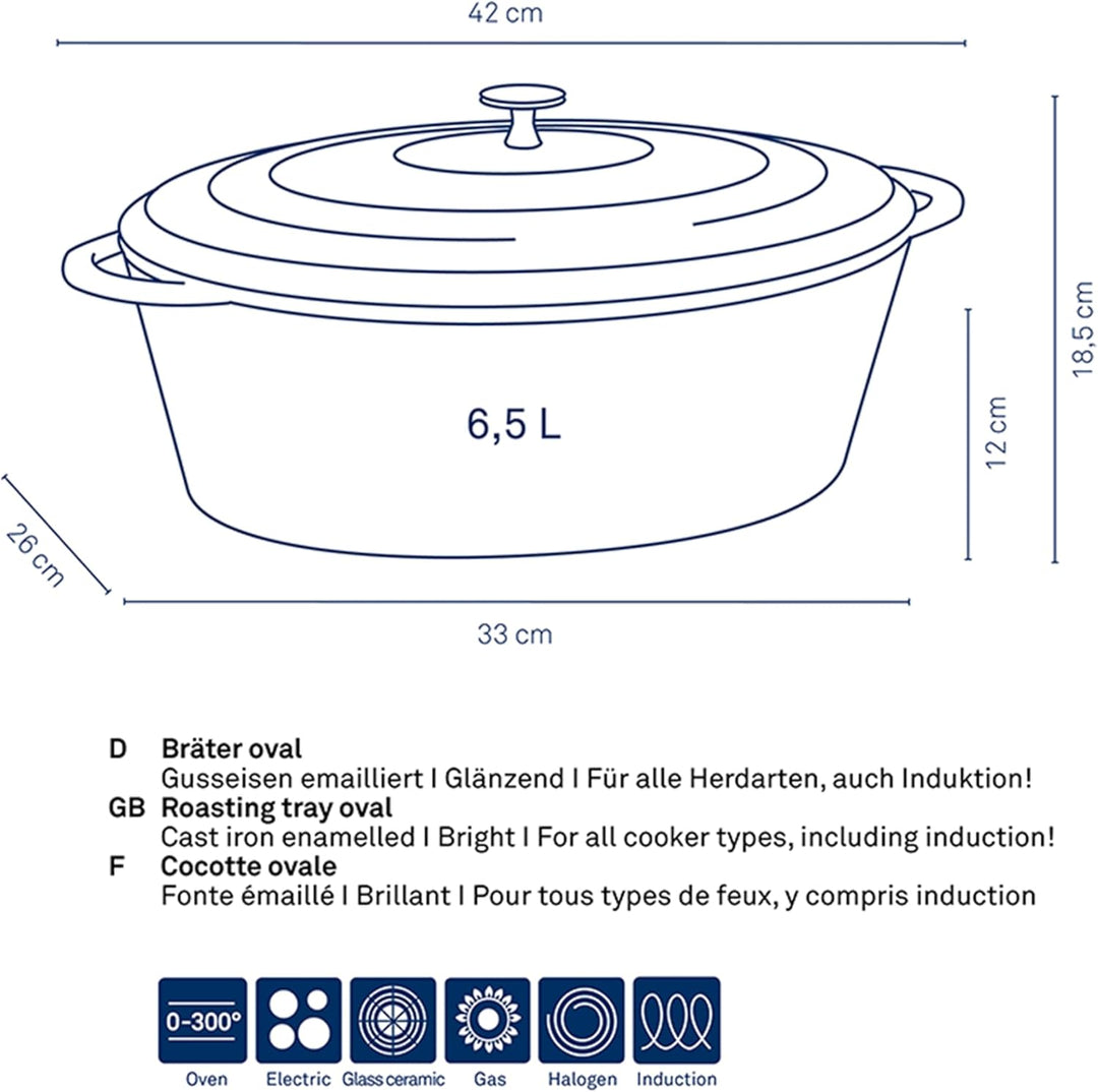 kela Bräter Calido, 6 L, Gusseisen, hellgrau, oval, Allherdboden, emailliert, hitzebeständig bis 300