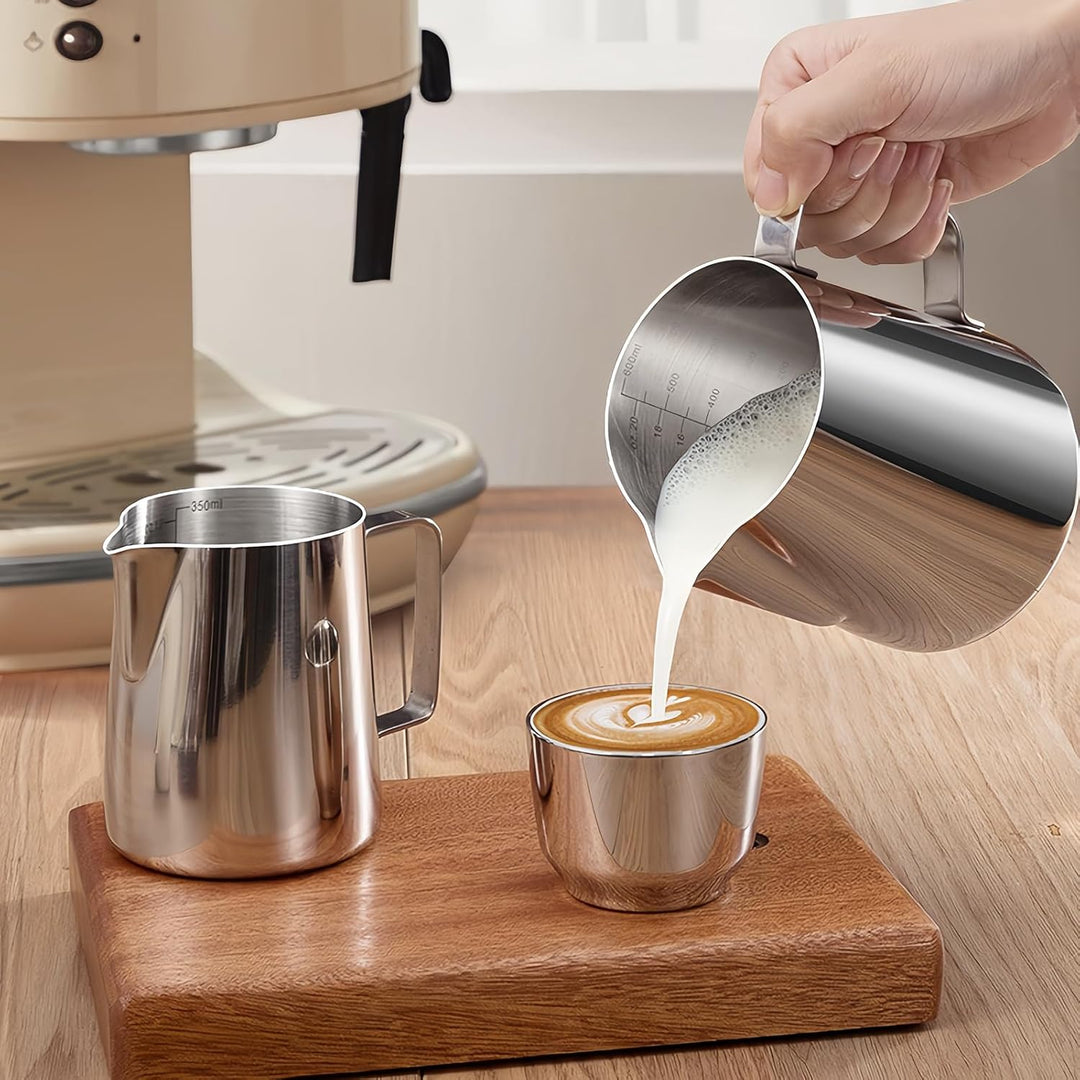 Milchkännchen Edelstahl, 2 Stück Milchschaumkännchen 350ml und 600ml, Milchkanne Edelstahl, Silber M