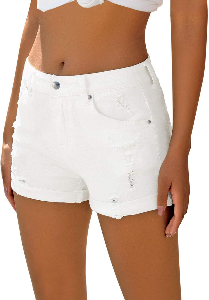 Necooer Damen Casual Ripped Denim Shorts Mittlere Taille Kurze Jeanshose mit Taschen S Weiss, S Weis