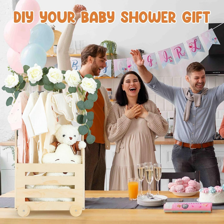 Holzkiste für Babyparty mit Stange - Holzkiste Geschenk mit Baby Kleiderbügel - Baby Shower Geschenk