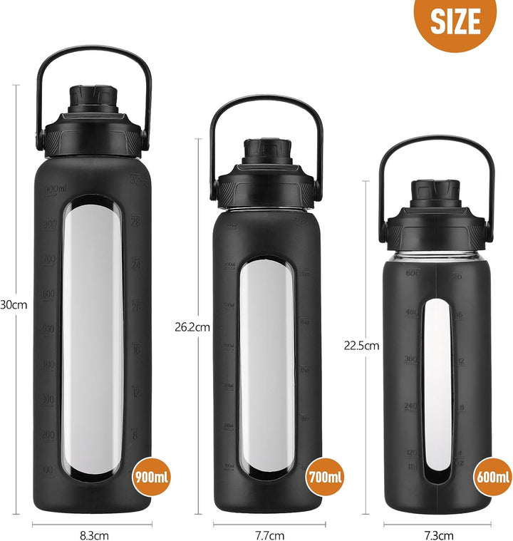 BLUEGO 700ml Glaswasserflasche mit Strohhalm und 2 Deckeln Kaffeetasse aus Glas mit Zeitmarkierung u