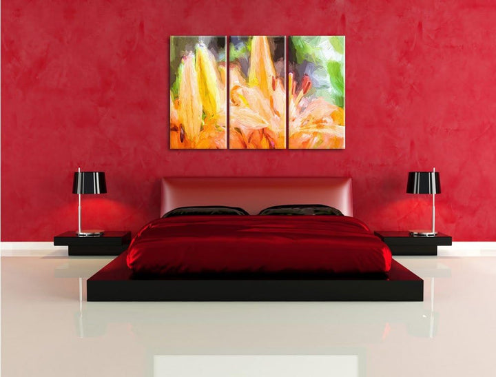 Pixxprint schöne orangene Lilien Kunst als Leinwandbild/Grösse: 3 Teilig (120x80 cm) cm/Wandbild/Kun