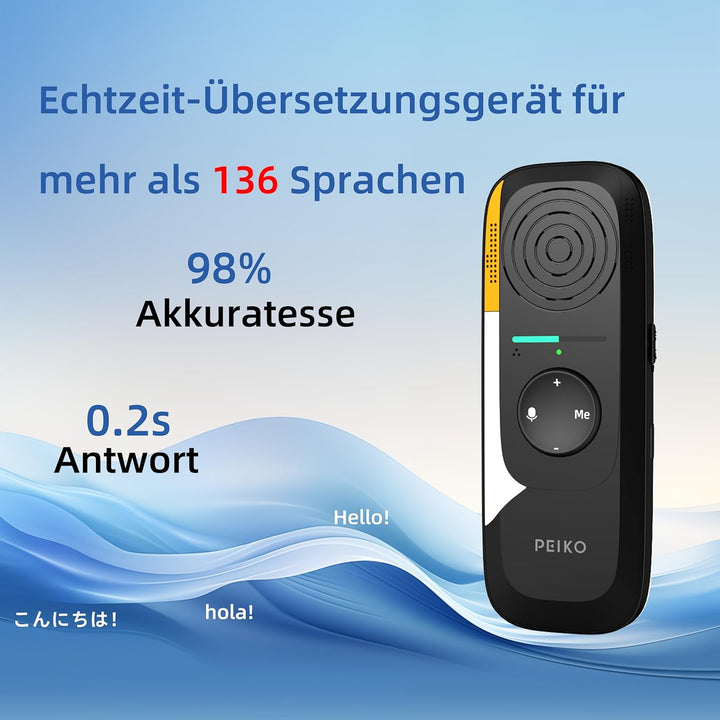 Peiko Sprachübersetzer Gerät – KI-Echtzeit-Übersetzer mit 75 Sprachen & 136 Akzenten, Zwei-Wege-Offl