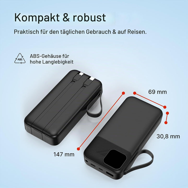 Powerbank 20.000 mAh Schwarz – 22,5 W Schnelllade-Powerbank mit PD 20W, integriertem USB-C- &amp; Lightn