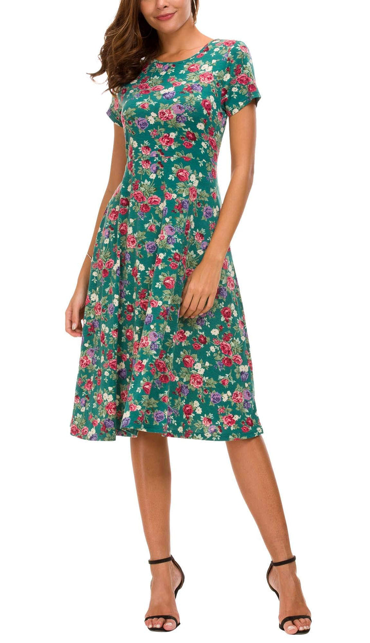 EXCHIC Damen Freizeit Rundhals A-Linie Kurzarm Midi Kleid Elegant Blumen Sommer Knielang Kleider L 1