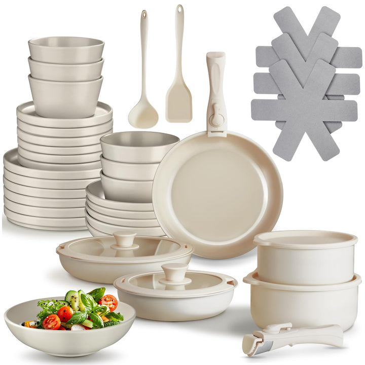 tectake® Küchenstarterset 6 Personen, Steingut Geschirr Set, Teller, 3 Pfannen, 2 Töpfe, rostfreies
