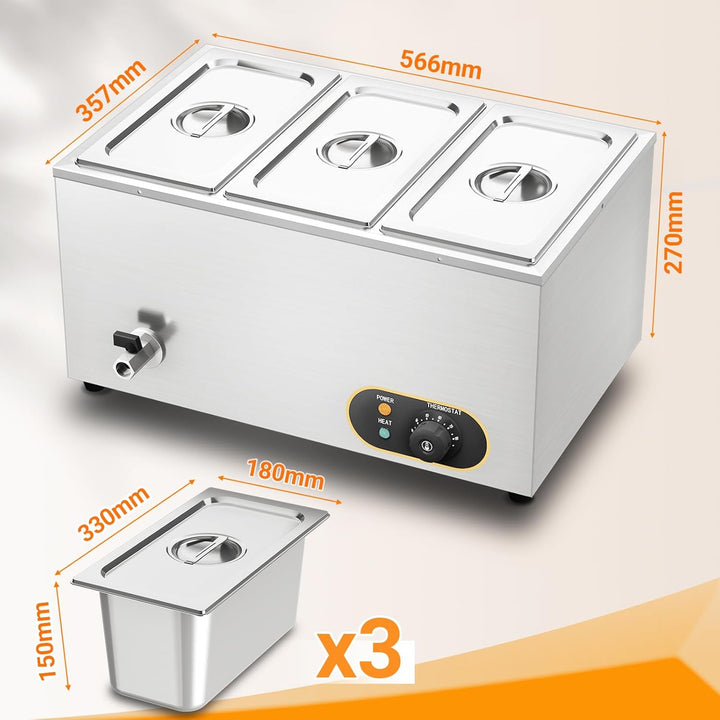 MOOTACO Bain Marie Speisenwärmer Wasserbad Gastro GN-Behältern 1/3 * 3 Warmhalter Edelstahl mit Abla