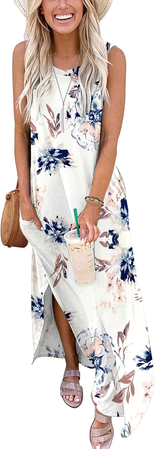 AUSELILY Maxikleider Damen Sommer Ärmellos Strandkleid Lang Sommer-Kleider Tank T-Shirt Kleid mit Ta