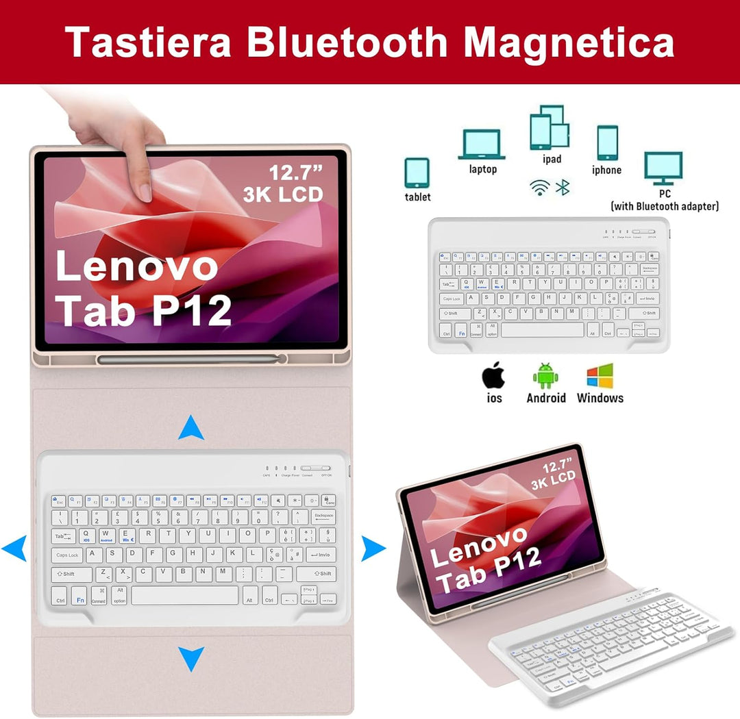 Tastatur für Lenovo P12 12.7 Zoll, Ltalian Keyboard Kabellos, Abnehmbare Bluetooth Hülle mit Tastatu